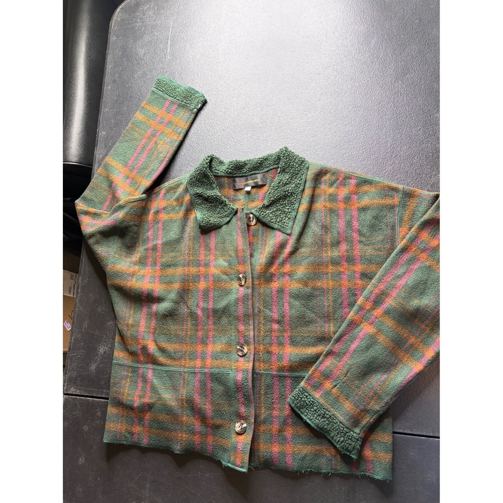 Vintage Harris Wallace Plaid Sherpa Jacket Green Pink Cottagecore L B3